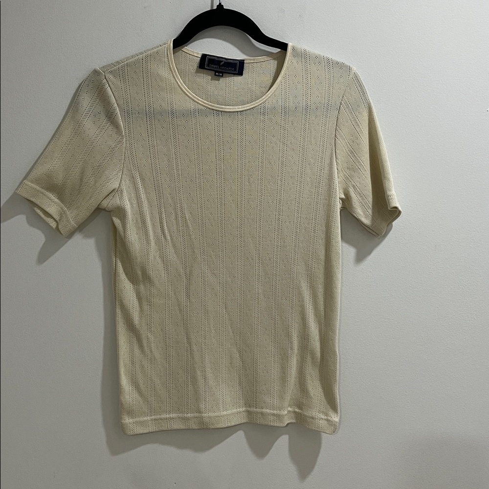 Daniel Hechter Women’s Top Medium Pointelle Short Sleeve Lace Trim Cotton Blend